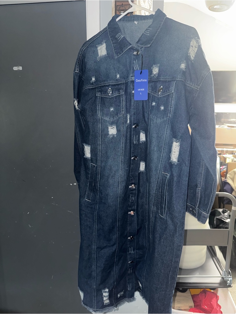 Womens Distressed Long Denim Jacket Coat - Dark Blue